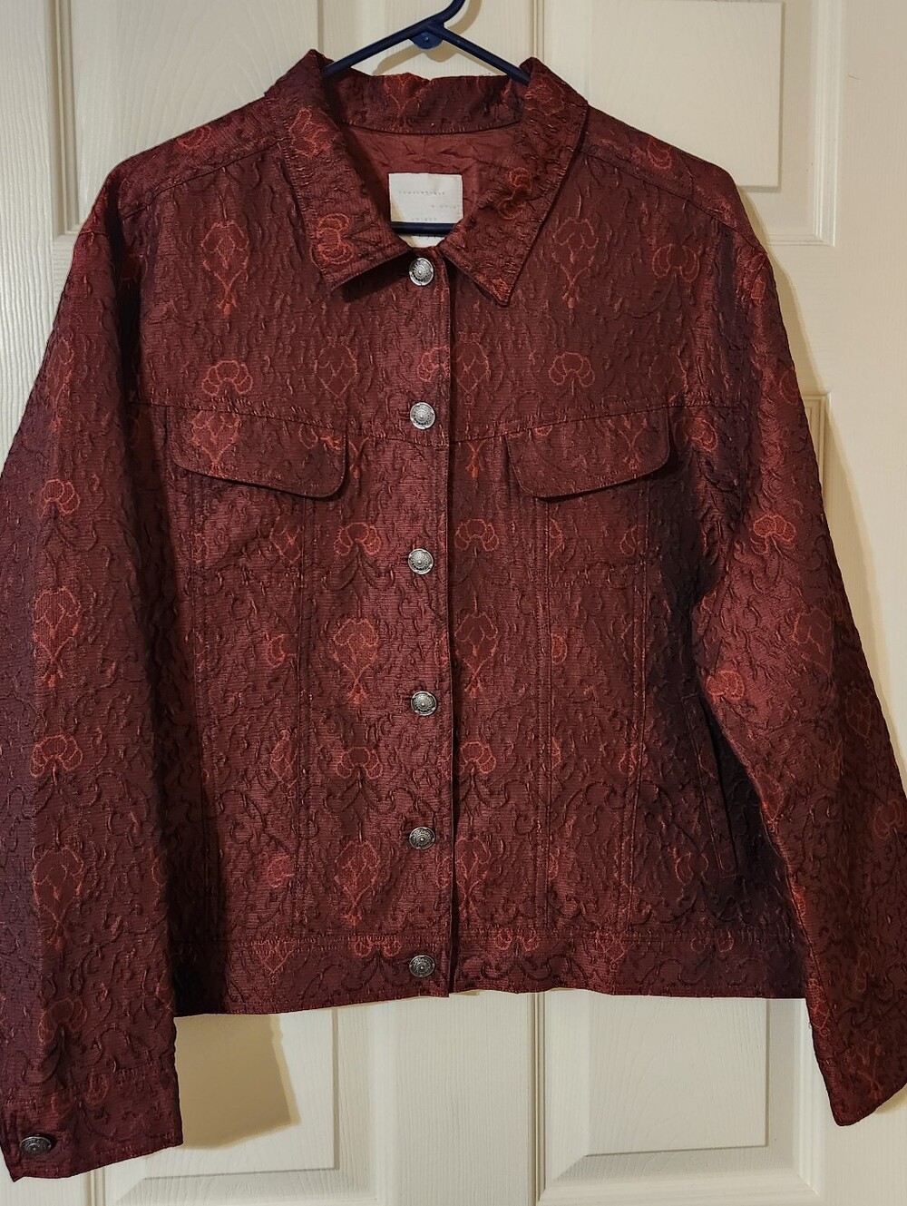 Vintage J.Jill Women's Burgundy Floral Button Front Collared Jacket XL Pockets